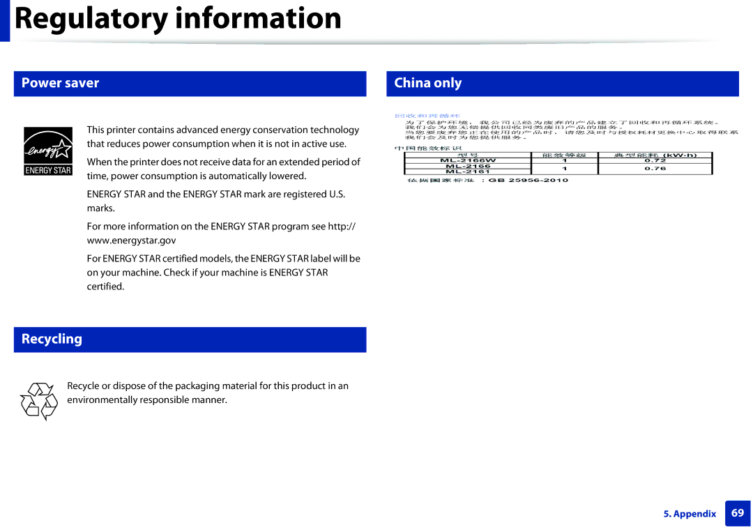 Samsung ML2165WXAA manual Power saver China only, Recycling 