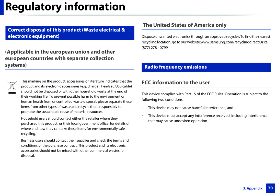 Samsung ML2165WXAA manual United States of America only, FCC information to the user, Radio frequency emissions 