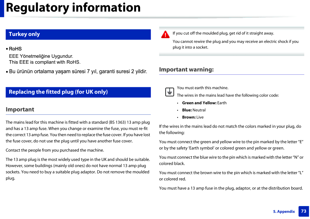 Samsung ML2165WXAA manual Important warning, Turkey only, Replacing the fitted plug for UK only, Green and Yellow Earth 