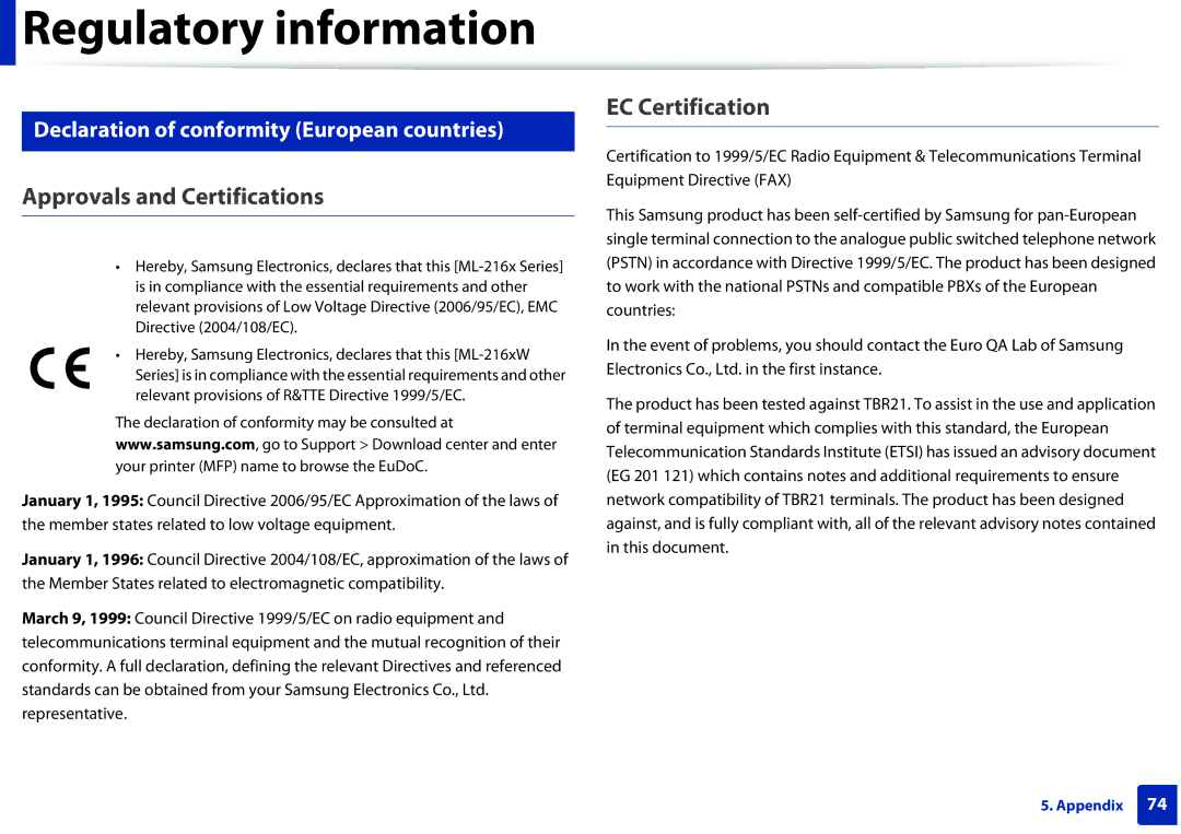 Samsung ML2165WXAA manual Approvals and Certifications, EC Certification, Declaration of conformity European countries 