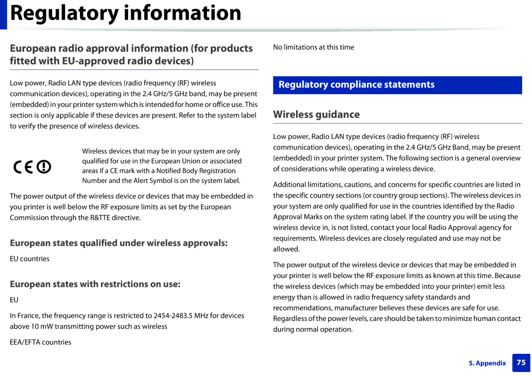 Samsung ML2165WXAA manual Wireless guidance, Regulatory compliance statements, EU countries 