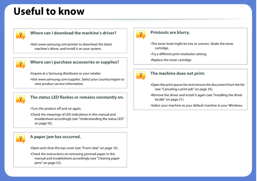 Samsung ML2165WXAA manual Useful to know, Status LED flashes or remains constantly on 