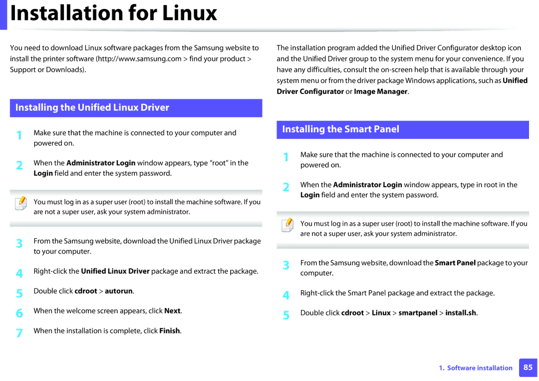 Samsung ML2165WXAA manual Installation for Linux, Installing the Unified Linux Driver, Installing the Smart Panel 