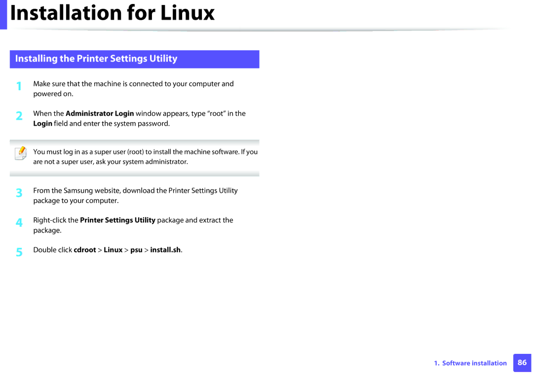 Samsung ML2165WXAA manual Installing the Printer Settings Utility, Double click cdroot Linux psu install.sh 