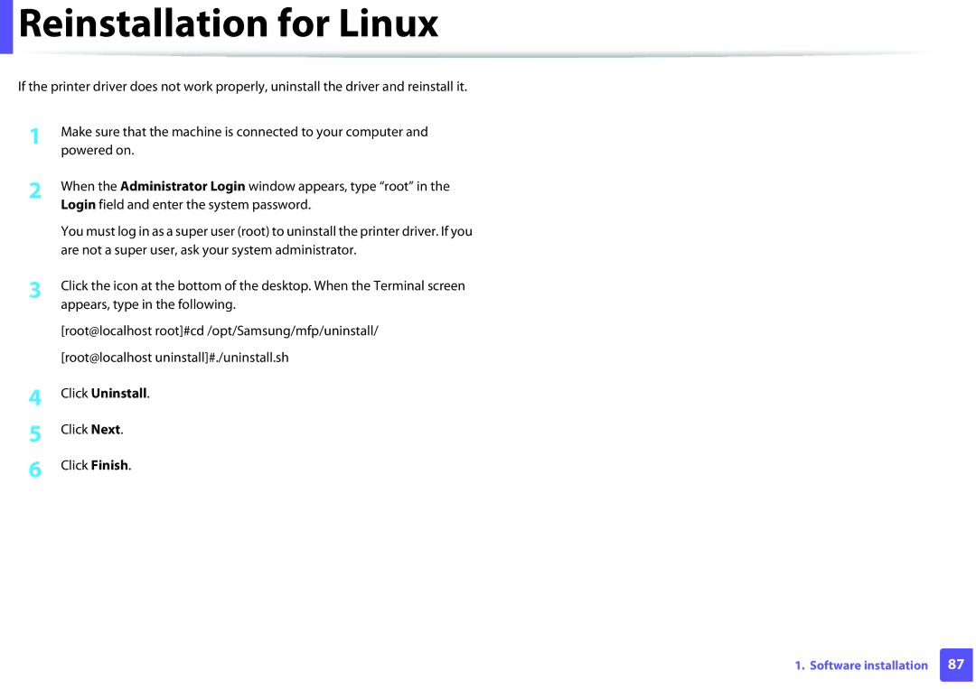 Samsung ML2165WXAA manual Reinstallation for Linux, Click Uninstall, Click Next Click Finish 