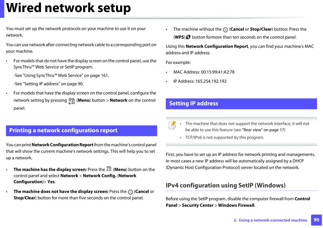 Samsung ML2165WXAA Wired network setup, IPv4 configuration using SetIP Windows, Printing a network configuration report 