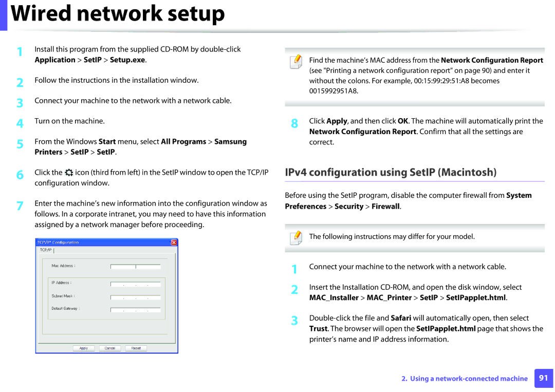 Samsung ML2165WXAA manual IPv4 configuration using SetIP Macintosh, Assigned by a network manager before proceeding 