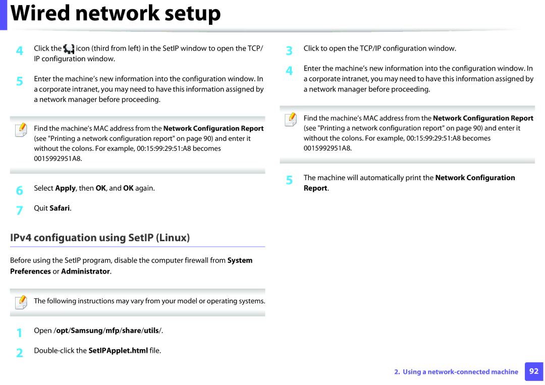 Samsung ML2165WXAA manual IPv4 configuation using SetIP Linux, Report, Preferences or Administrator 