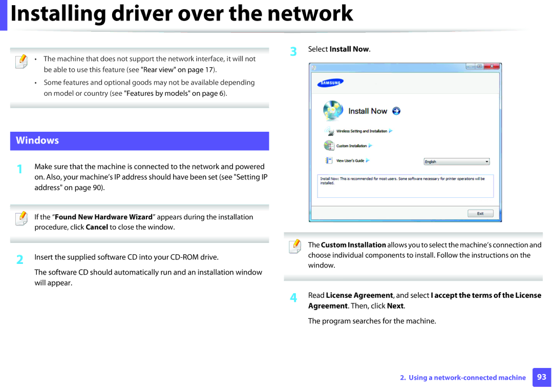 Samsung ML2165WXAA manual Installing driver over the network, Address on, Program searches for the machine 