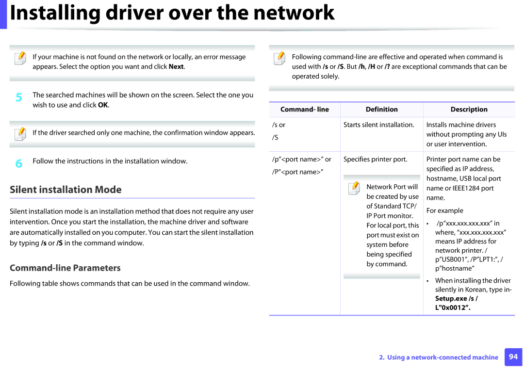 Samsung ML2165WXAA manual Silent installation Mode, Command- line Definition Description, Setup.exe /s, L0x0012 