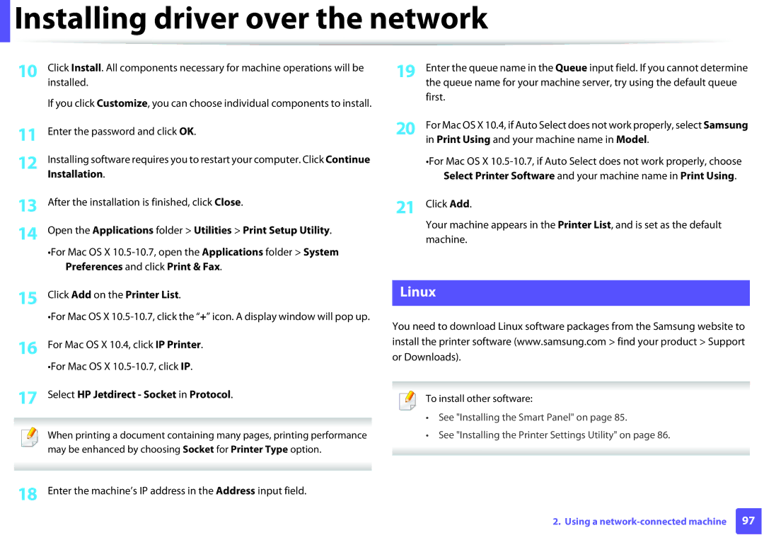 Samsung ML2165WXAA manual Linux, Select HP Jetdirect Socket in Protocol 