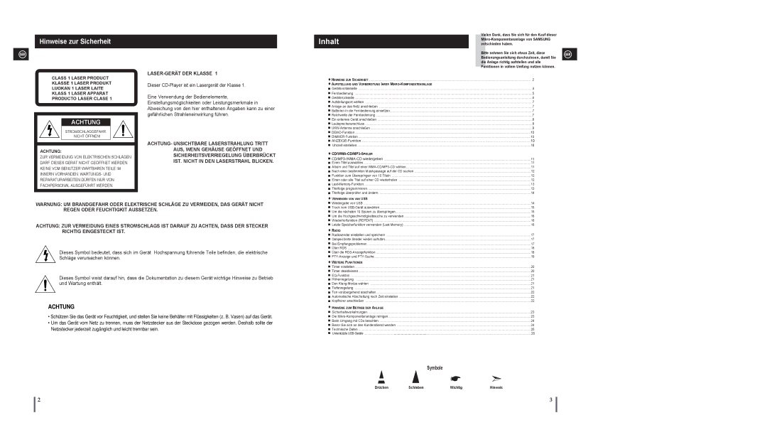 Samsung MM-A15R/EDC manual Hinweise zur Sicherheit, LASER-GERÄT DER Klasse, Die Anlage richtig aufstellen und alle 