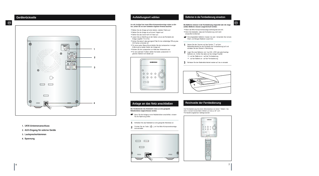Samsung MM-A15R/EDC Geräterückseite, Anlage an das Netz anschließen, Aufstellungsort wählen, Reichweite der Fernbedienung 