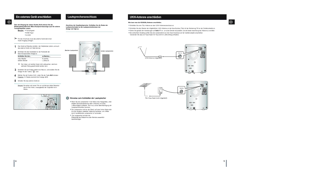 Samsung MM-A15R/EDC manual Ein externes Gerät anschließen, Lautsprecheranschluss, UKW-Antenne anschließen 