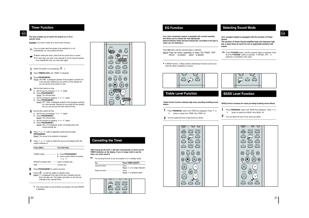 Samsung MM-A15R/EDC manual Timer Function EQ Function, Treble Level Function, Cancelling the Timer 