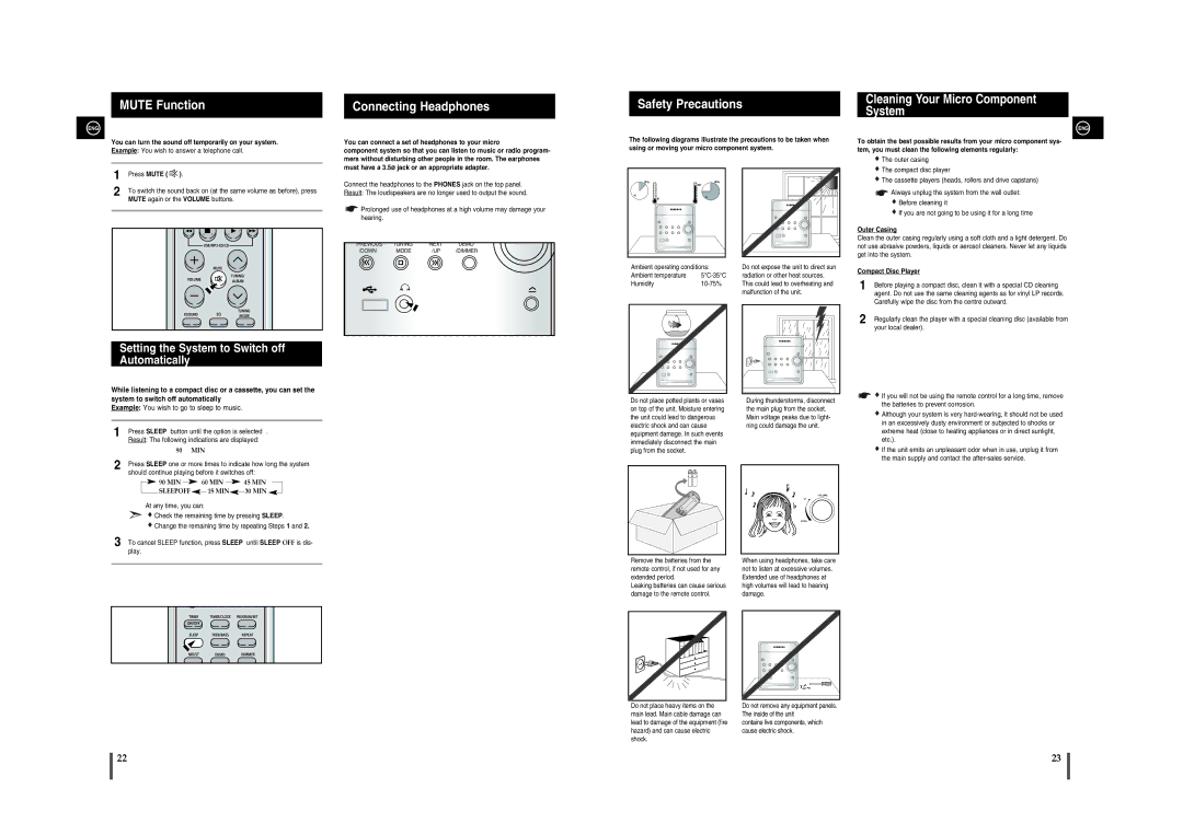 Samsung MM-A15R/EDC manual Mute Function, Connecting Headphones, Safety Precautions 