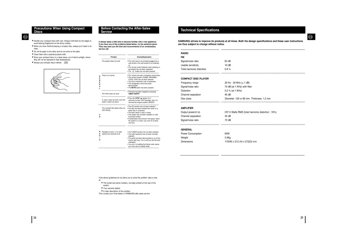 Samsung MM-A15R/EDC manual Technical Specifications, Precautions When Using Compact Discs 