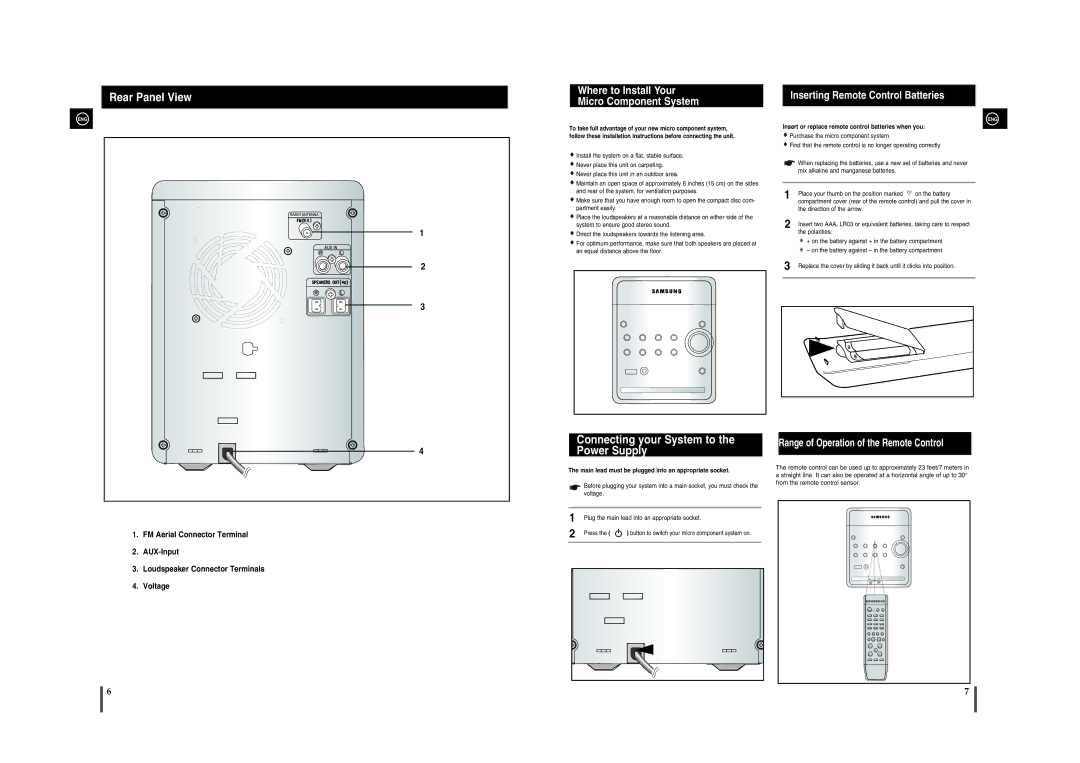 Samsung MM-A15R/EDC manual Rear Panel View, Connecting your System to the Power Supply, Inserting Remote Control Batteries 