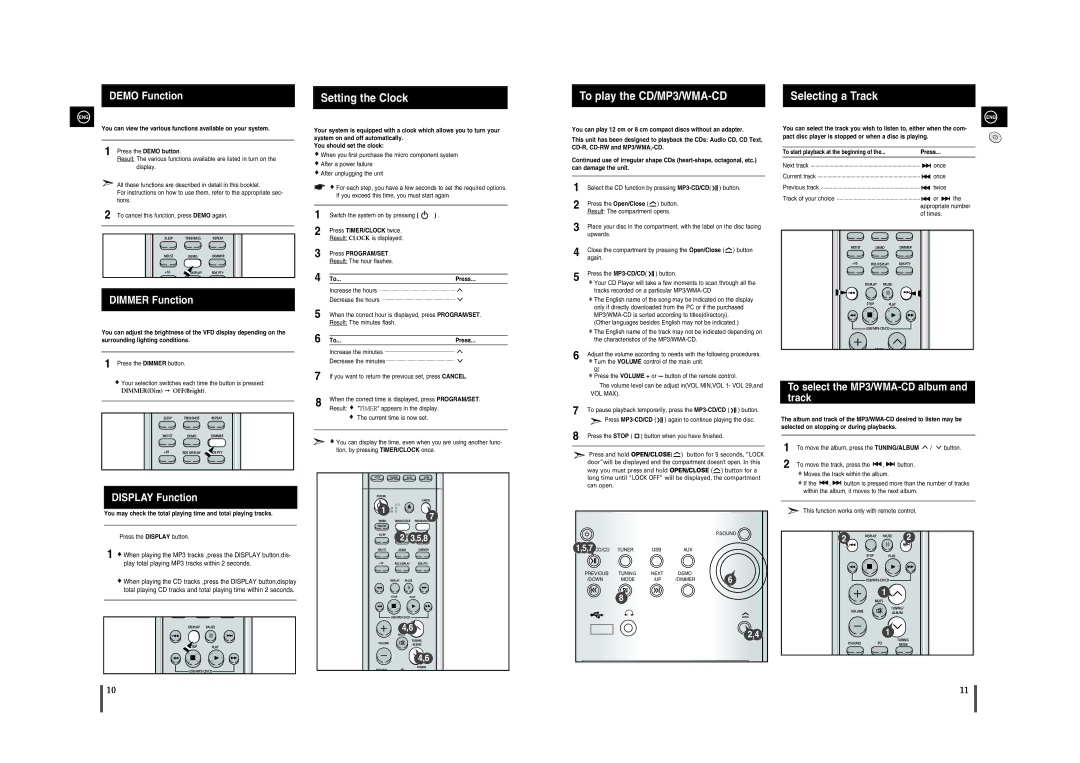 Samsung MM-A15R/EDC manual To play the CD/MP3/WMA-CD Selecting a Track, Demo Function, Dimmer Function, Display Function 