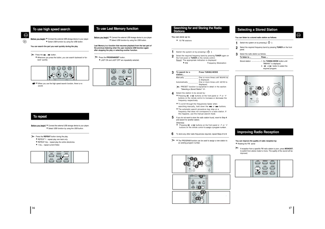 Samsung MM-A15R/EDC manual To use high speed search, To repeat, To use Last Memory function, Selecting a Stored Station 