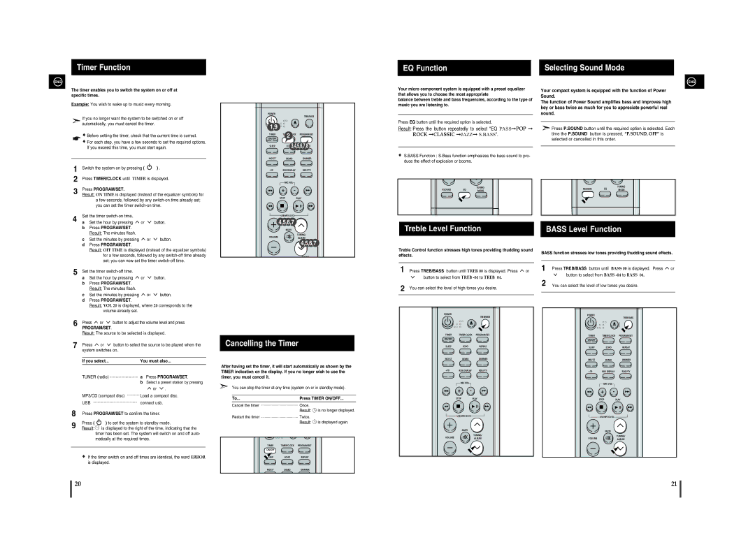 Samsung MM-A25R/XET, MM-A24R/EDC, MM-A25R/EDC manual Timer Function EQ Function, Treble Level Function, Cancelling the Timer 