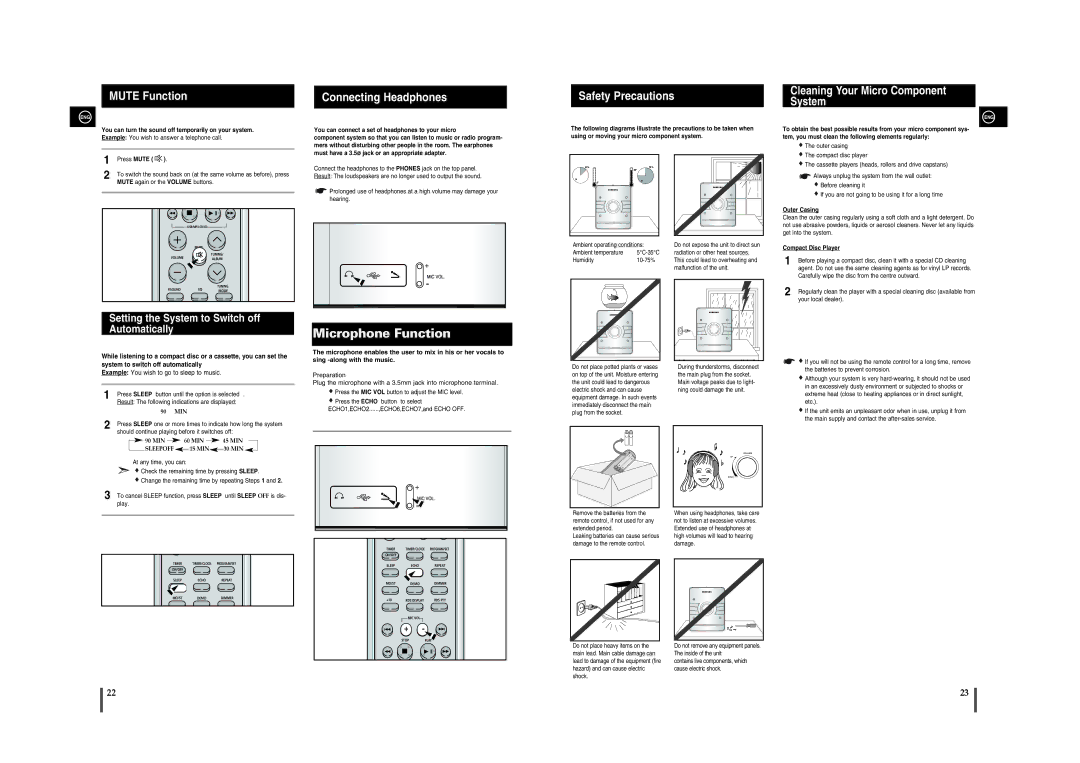 Samsung MM-A24R/EDC, MM-A25R/EDC, MM-A24R/XET, MM-A25R/XET manual Mute Function, Connecting Headphones, Safety Precautions 