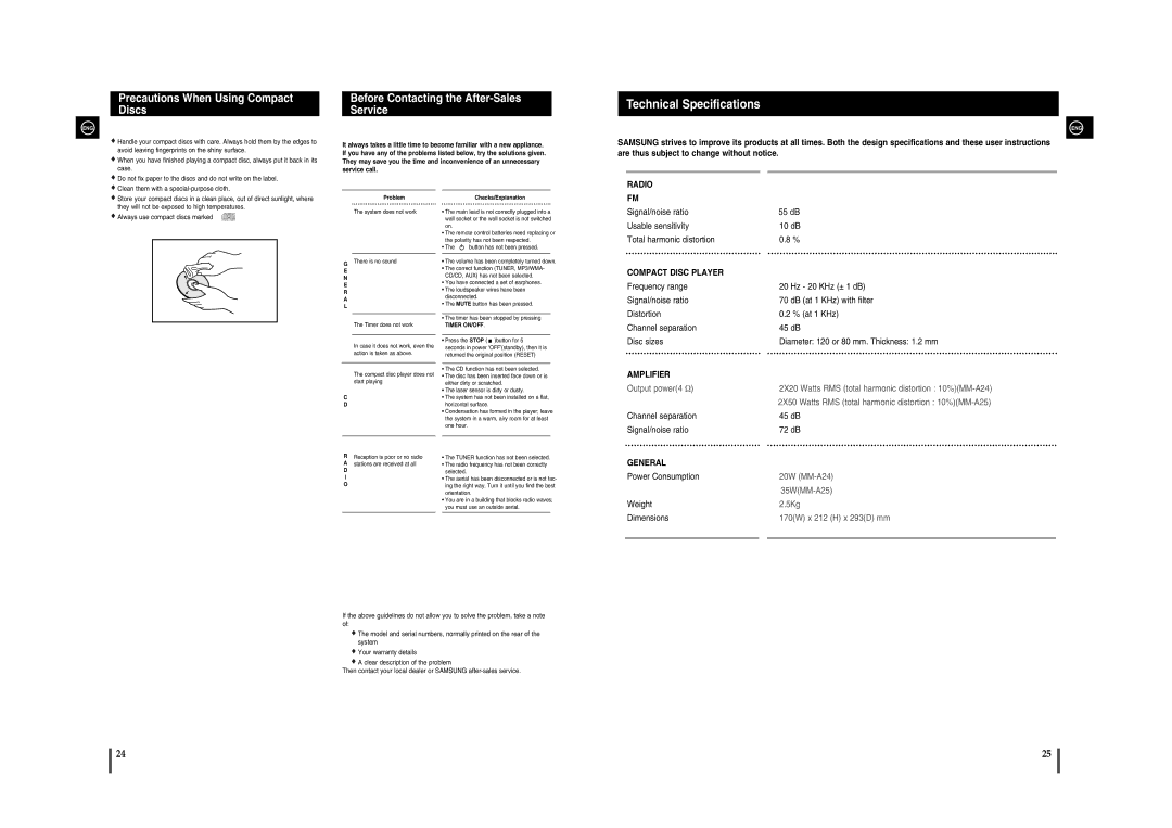 Samsung MM-A25R/EDC, MM-A24R/EDC, MM-A24R/XET, MM-A25R/XET Technical Specifications, Precautions When Using Compact Discs 