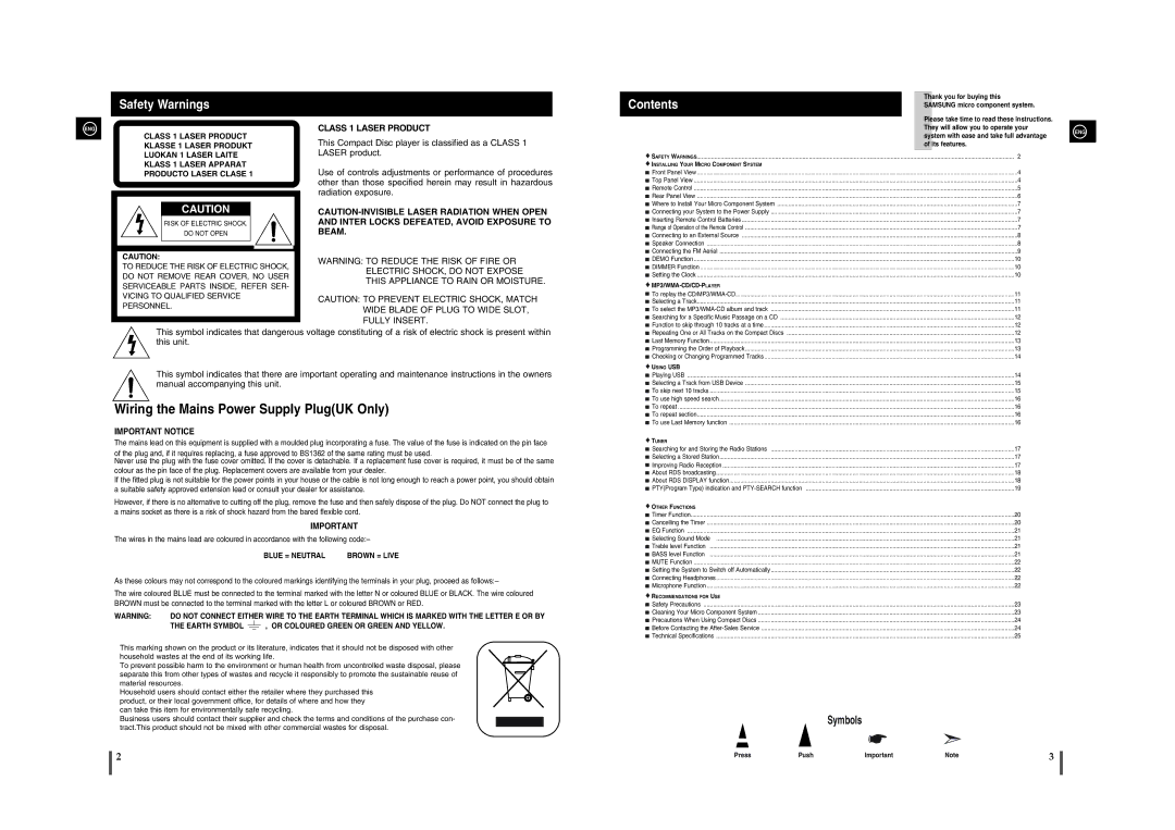 Samsung MM-A24R/XET, MM-A24R/EDC, MM-A25R/EDC, MM-A25R/XET manual Safety Warnings, Contents 