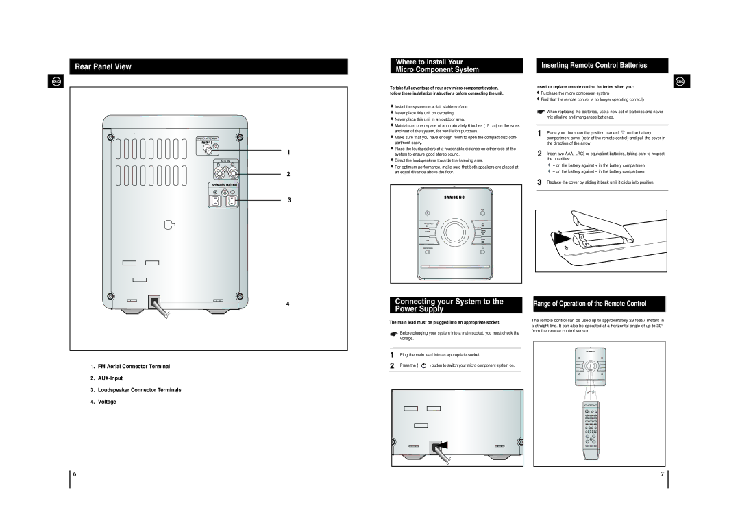 Samsung MM-A24R/EDC manual Rear Panel View, Connecting your System to the Power Supply, Inserting Remote Control Batteries 