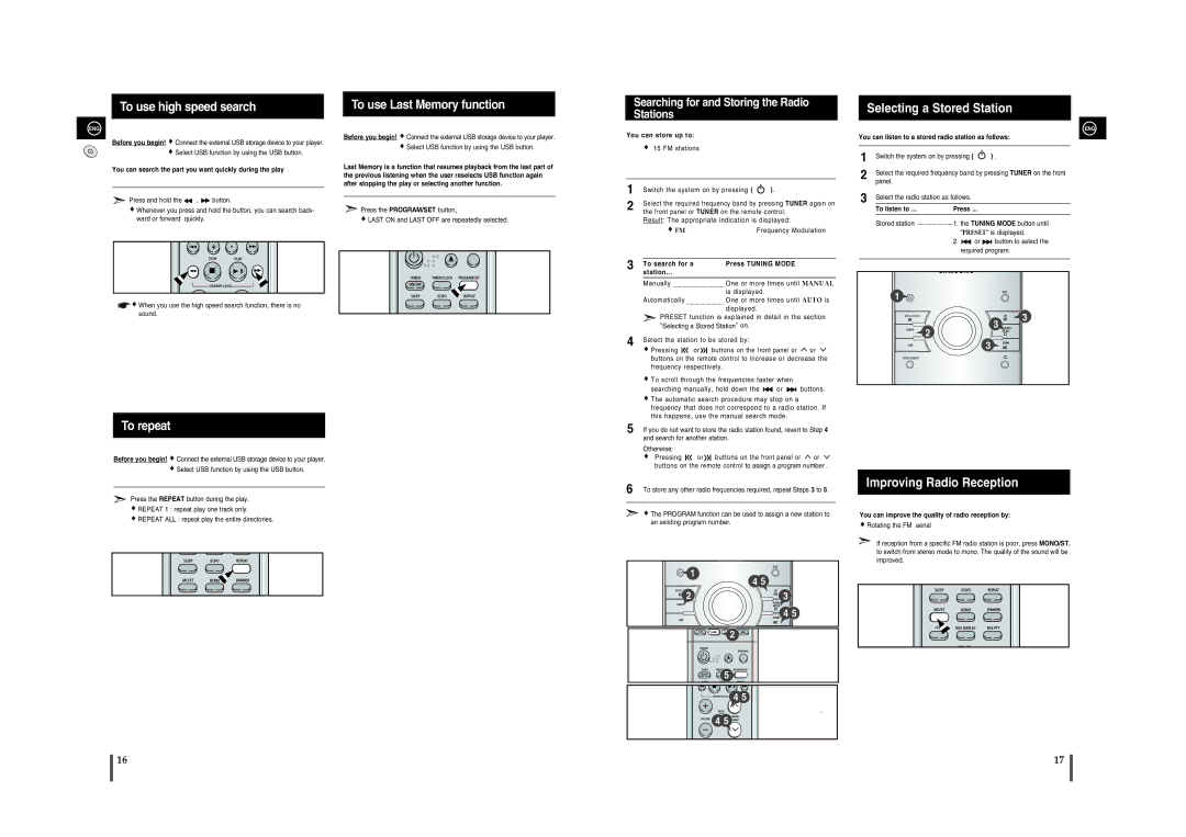 Samsung MM-A25R/EDC manual To use high speed search, To repeat, To use Last Memory function, Selecting a Stored Station 