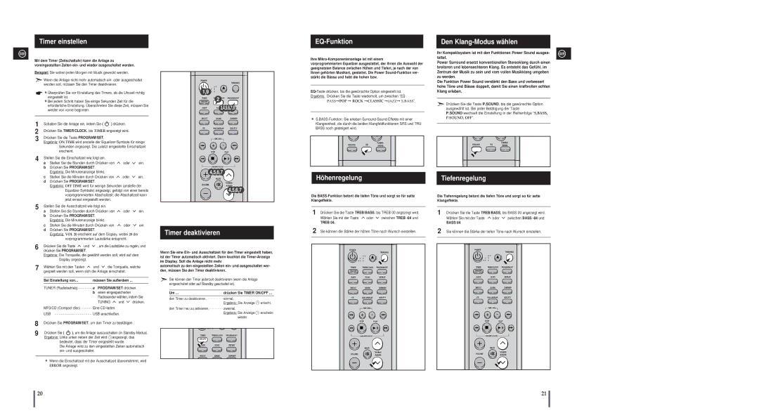 Samsung MM-A25R/EDC, MM-A24R/EDC Timer einstellen, EQ-Funktion, Den Klang-Modus wählen, Höhenregelung, Timer deaktivieren 