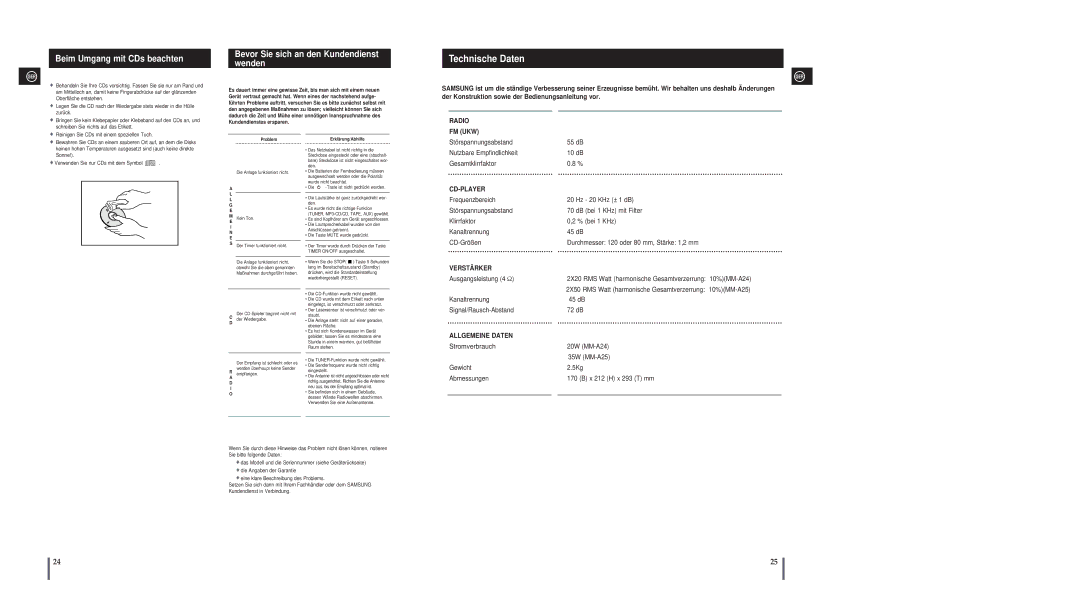 Samsung MM-A25R/EDC, MM-A24R/EDC Technische Daten, Beim Umgang mit CDs beachten, Bevor Sie sich an den Kundendienst wenden 