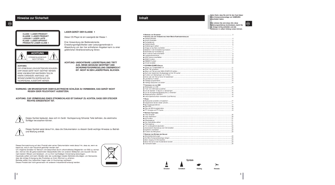 Samsung MM-A24R/EDC, MM-A25R/EDC Hinweise zur Sicherheit, LASER-GERÄT DER Klasse, Die Anlage richtig aufstellen und alle 