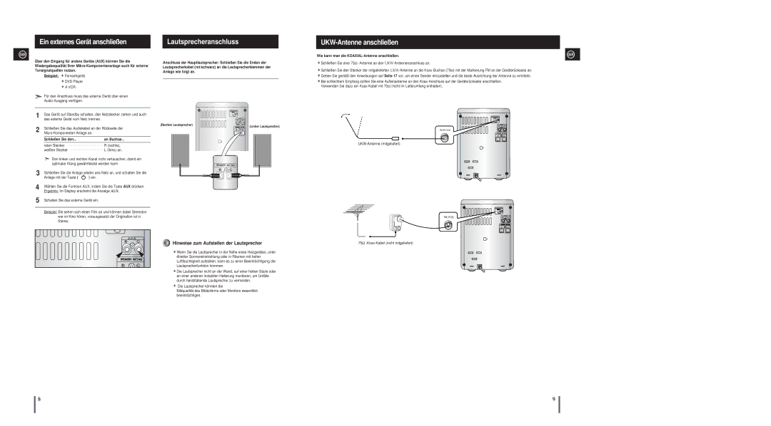 Samsung MM-A25R/EDC manual Lautsprecheranschluss, UKW-Antenne anschließen, Wie kann man die KOAXIAL-Antenne anschließen 