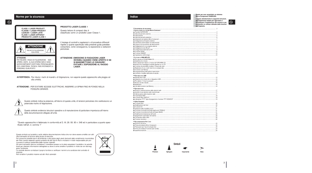 Samsung MM-A24R/XET, MM-A25R/XET manual Norme per la sicurezza, Indice, Prodotto Laser Classe, Lettore DI WMA/MP3/CD 