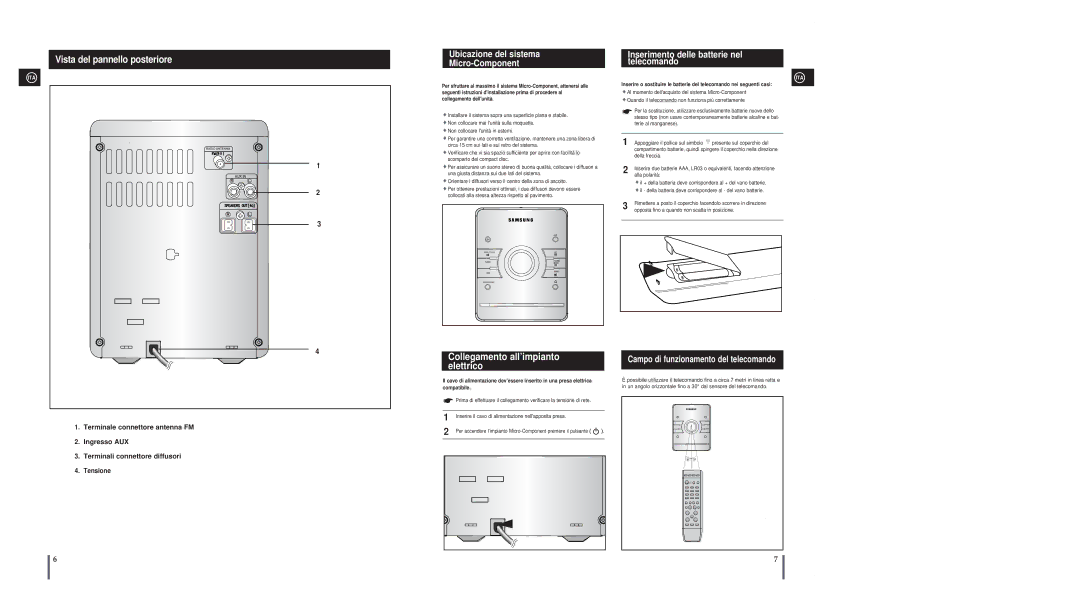 Samsung MM-A24R/XET, MM-A25R/XET manual Vista del pannello posteriore, Collegamento all’impianto elettrico 