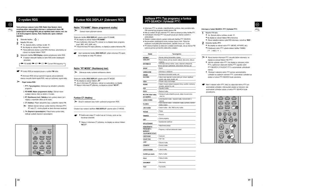 Samsung MM-A25R/EDC manual Vysílání RDS, Funkce RDS Display Zobrazení RDS, Informace o funkci SEARCH- PTY Vyhledat PTY 