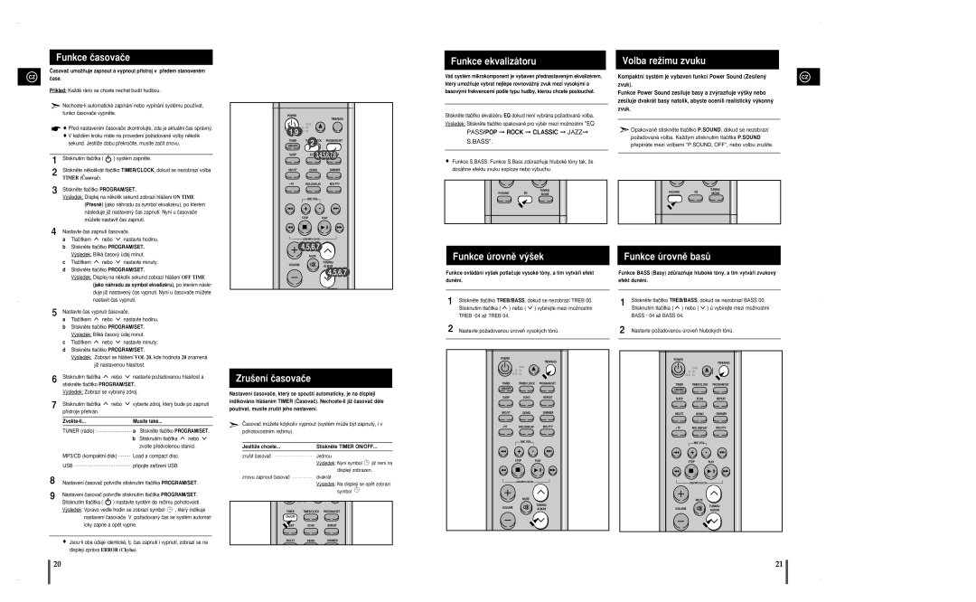 Samsung MM-A25R/EDC manual Funkce ãasovaãe, Funkce ekvalizátoru, Volba reÏimu zvuku, Zru‰ení ãasovaãe, Funkce úrovnû v˘‰ek 