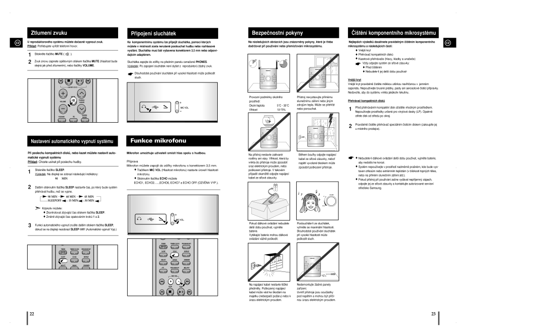 Samsung MM-A25R/EDC manual Ztlumení zvuku, Pﬁipojení sluchátek, Bezpeãnostní pokyny, Âi‰tûní komponentního mikrosystému 