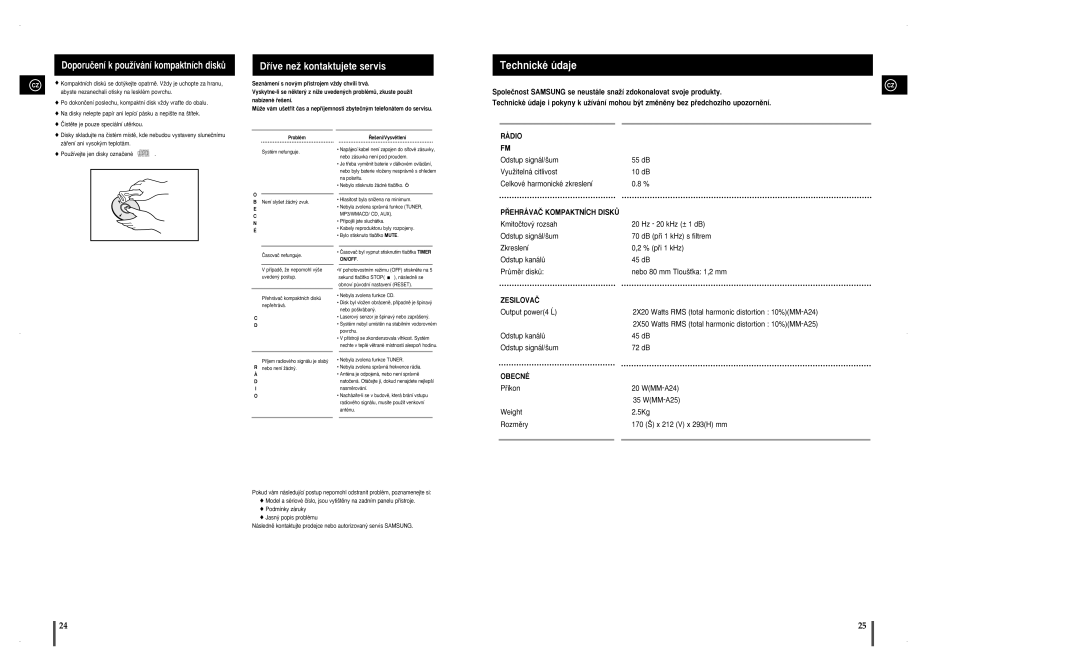 Samsung MM-A25R/EDC manual Technické údaje, Dﬁíve neÏ kontaktujete servis, Doporuãení k pouÏívání kompaktních diskÛ 