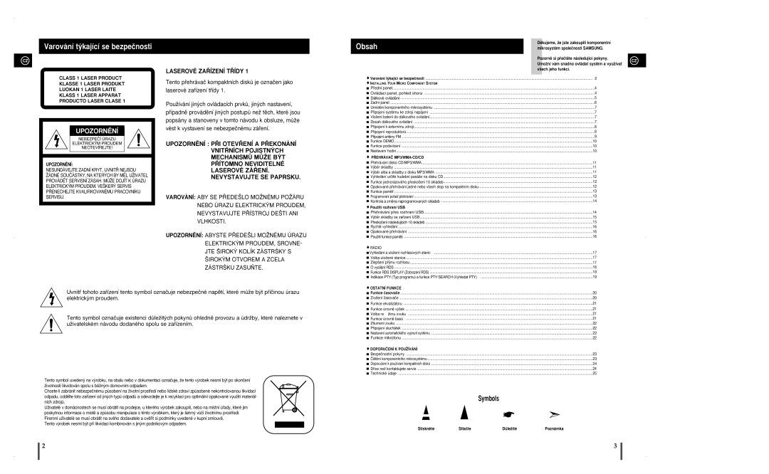 Samsung MM-A25R/EDC manual Varování t˘kající se bezpeãnosti, Obsah, UPOZORNùNÍ 