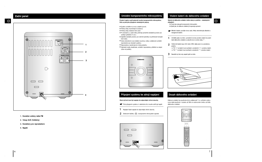 Samsung MM-A25R/EDC manual Zadní panel, VloÏení baterií do dálkového ovládání, Pﬁipojení systému ke zdroji napájení 