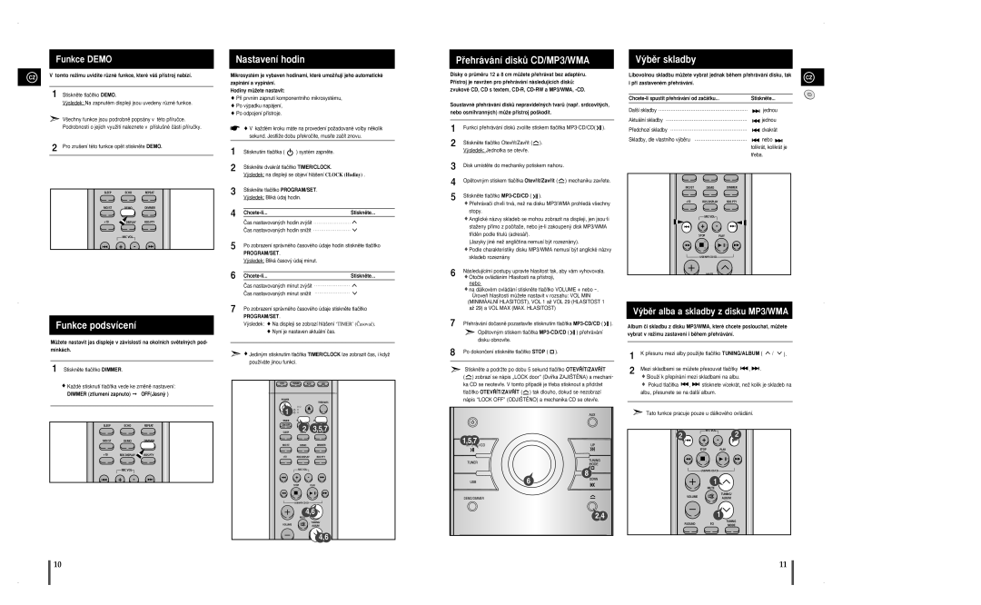 Samsung MM-A25R/EDC manual Funkce podsvícení, Nastavení hodin, Pﬁehrávání diskÛ CD/MP3/WMA, ˘bûr skladby 