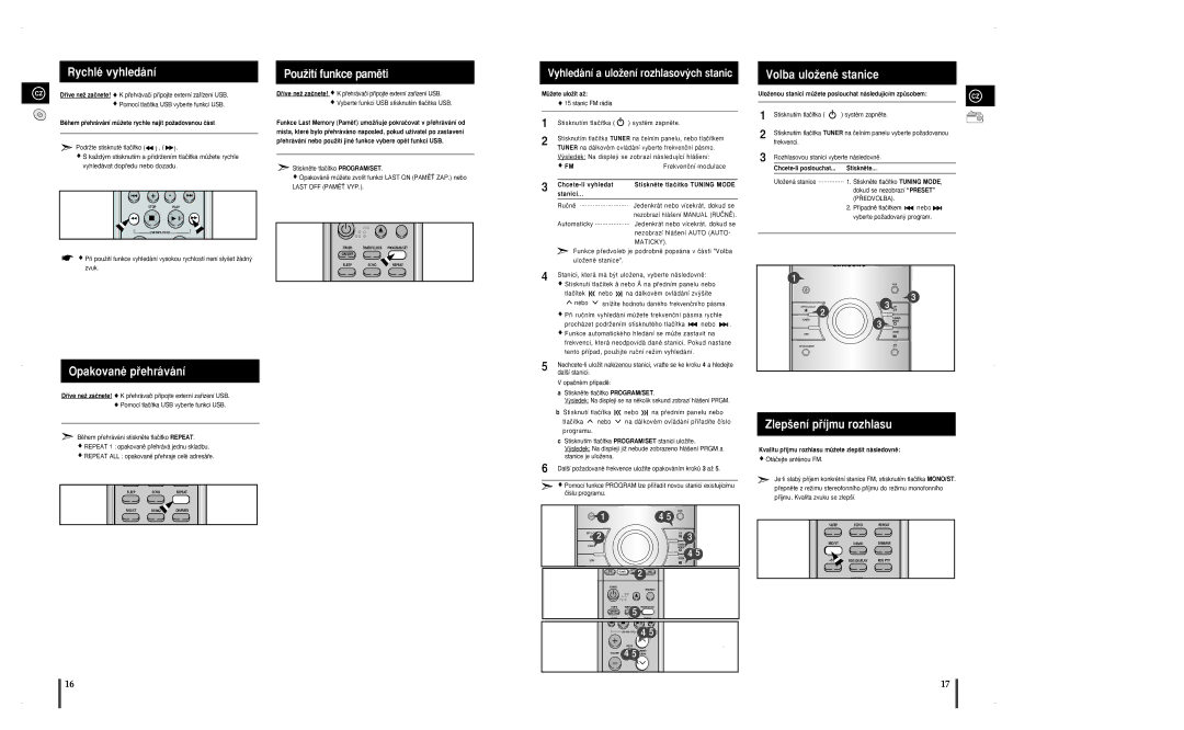 Samsung MM-A25R/EDC manual Rychlé vyhledání, PouÏití funkce pamûti, Volba uloÏené stanice, Opakované pﬁehrávání 