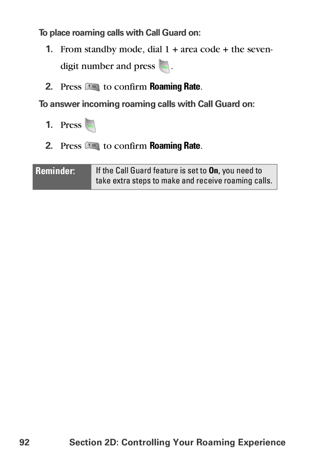 Samsung MM-A800 manual To place roaming calls with Call Guard on, To answer incoming roaming calls with Call Guard on 