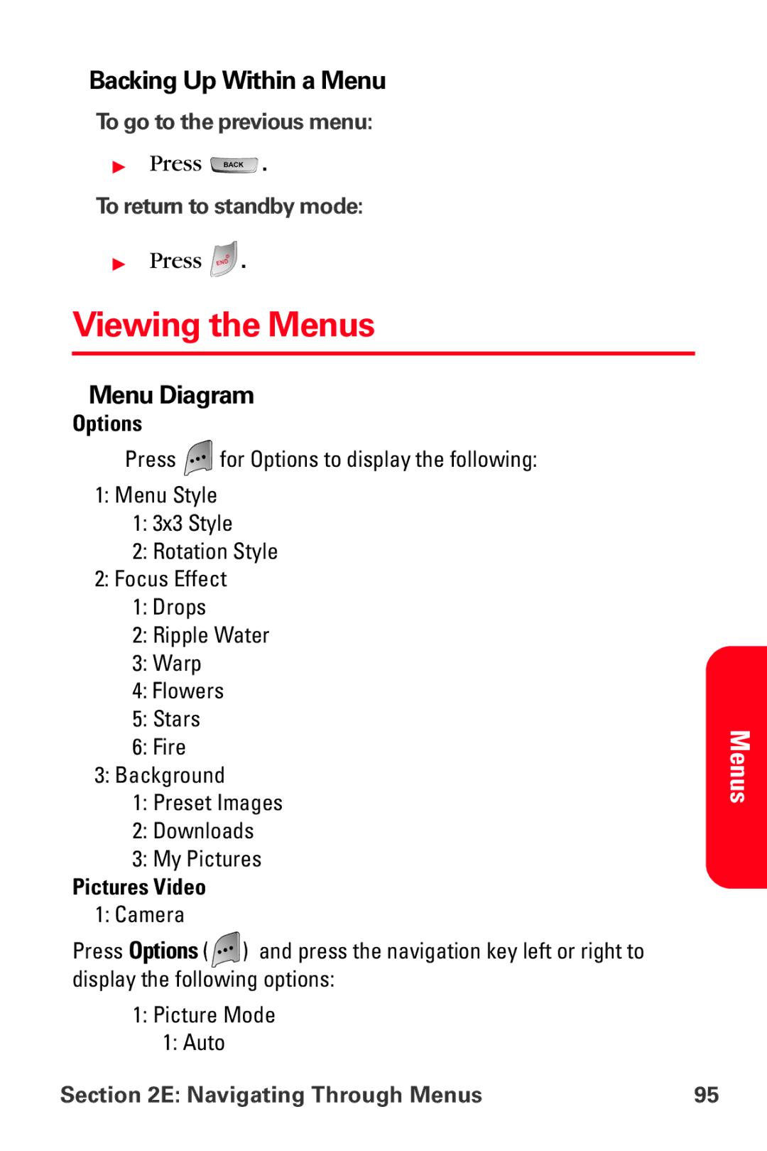 Samsung MM-A800 manual Viewing the Menus, Backing Up Within a Menu, Menu Diagram, To go to the previous menu 