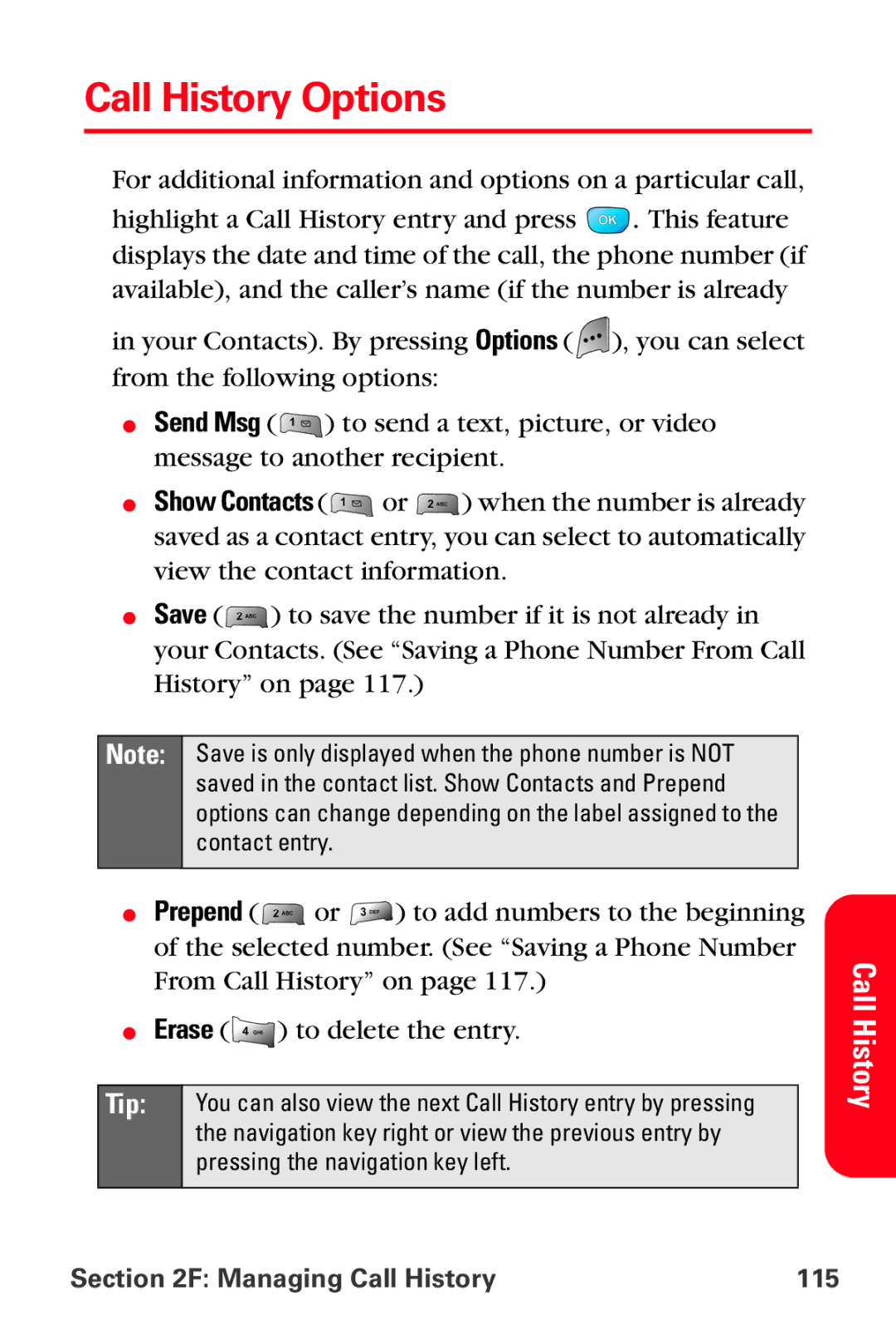 Samsung MM-A800 manual Call History Options, Managing Call History 115 