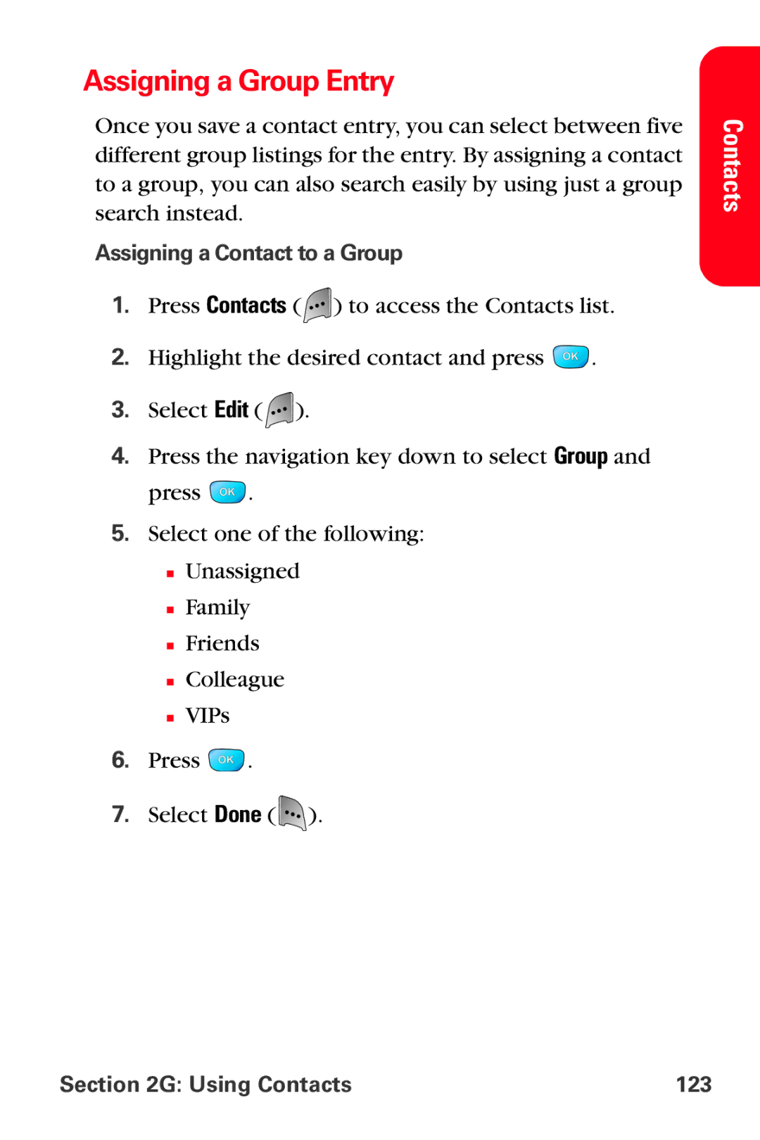 Samsung MM-A800 manual Assigning a Group Entry, Assigning a Contact to a Group, Using Contacts 123 