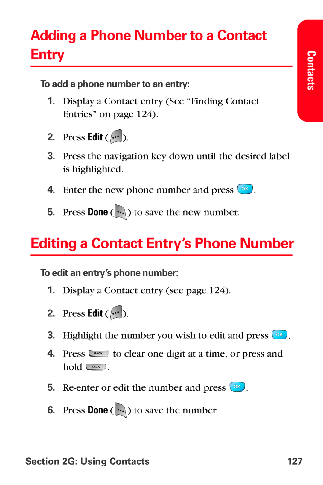 Samsung MM-A800 manual Adding a Phone Number to a Contact Entry, Editing a Contact Entry’s Phone Number, Using Contacts 127 