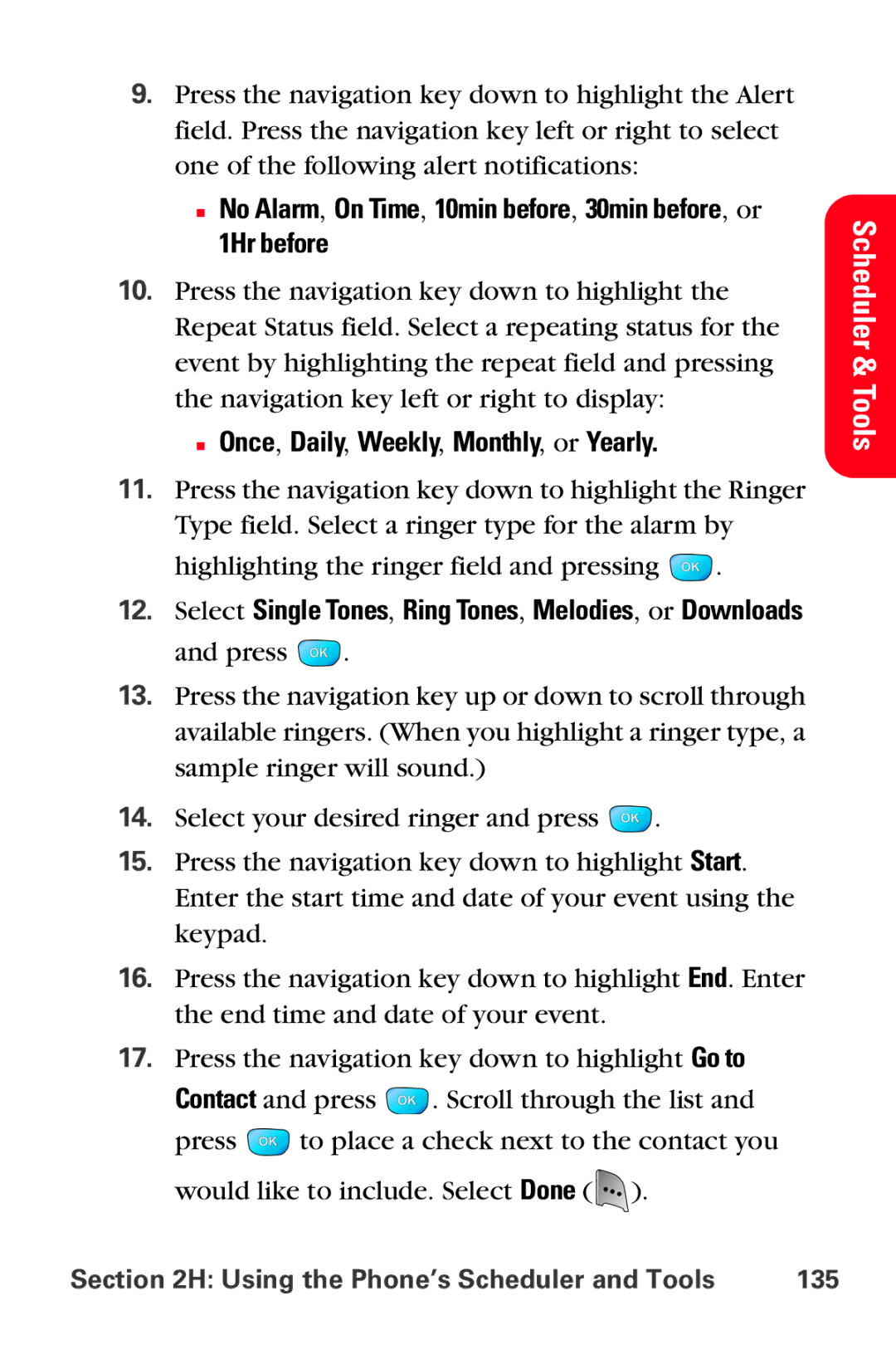 Samsung MM-A800 manual 1Hr before, Once, Daily, Weekly, Monthly, or Yearly, Using the Phone’s Scheduler and Tools 135 